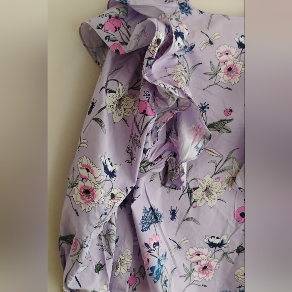 H&M Purple Lilac Pink Floral Bird Botanical Ruffle Balloon Sleeve Top SIZE 14 XL - Picture 9 of 13